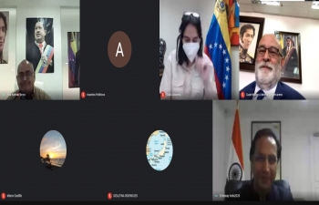 Venezuelan Minister of Science & Technology H.E. Ms. Gabriela Jimenez and Minister of Health H.E. Mr. Carlos Humberto Alvarado Gonzalez had a virtual meeting with Ambassador Abhishek Singh to discuss  cooperation in the field of pharmaceuticals